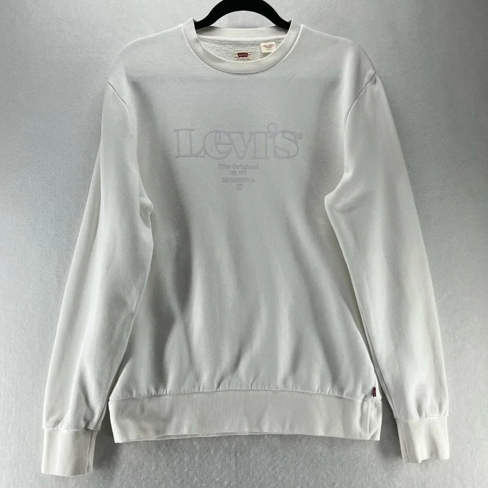 LEVI'S Sweatshirt Mens Sz S Standard Spell Out Logo Long Sleeve Pullover White